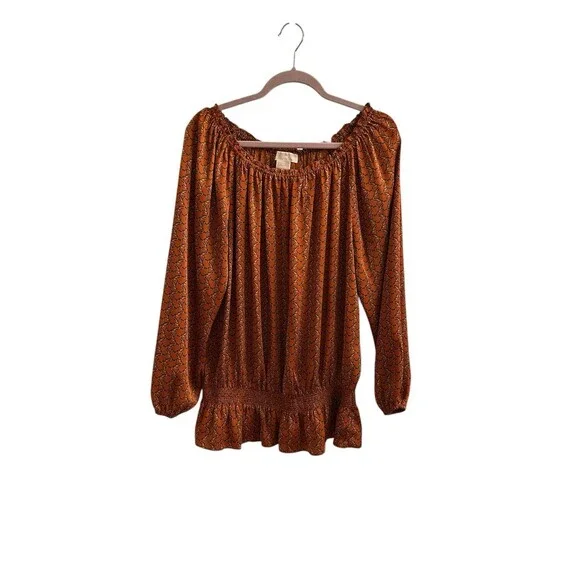 Michael Kors Women’s Blouse Top Rust Gold Chain Link 1X Boho 2.0 Peasant - Picture 2 of 5